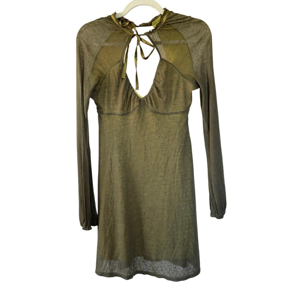 Free People Green Keyhole Tie Cutout Long Sleeve Mini Dress -M Boho Fairy Earthy